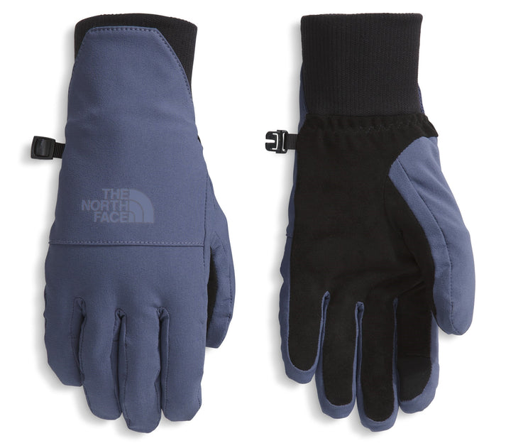 A pair of blue gloves with black cuffs, one palm up, one palm down, THE NORTH FACE logo visible.