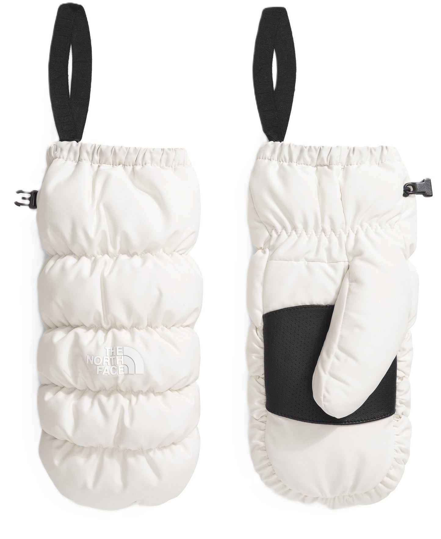 Two white The North Face mittens, one side with a black strap and a black buckle.
