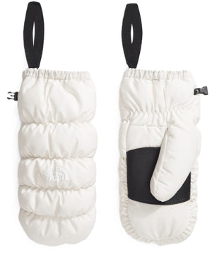Two white The North Face mittens, one side with a black strap and a black buckle.