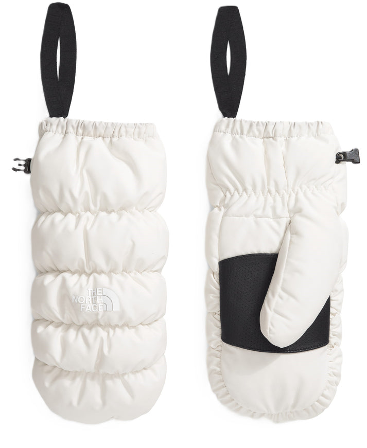 Two white The North Face mittens, one side with a black strap and a black buckle.