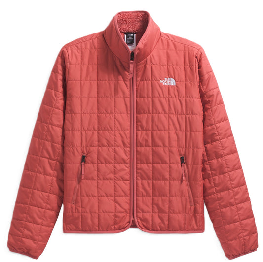 A rust-colored quilted jacket with a full zipper and high collar.