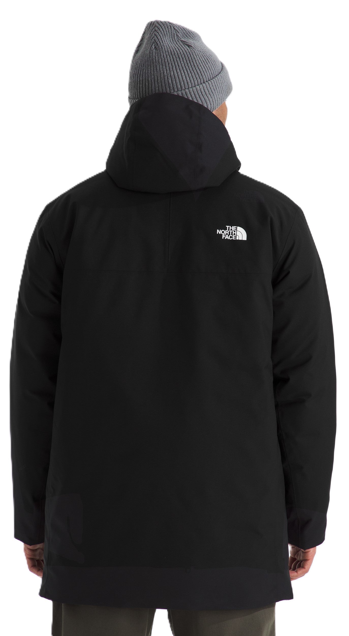 Back view of a black jacket with a hood and a gray beanie.