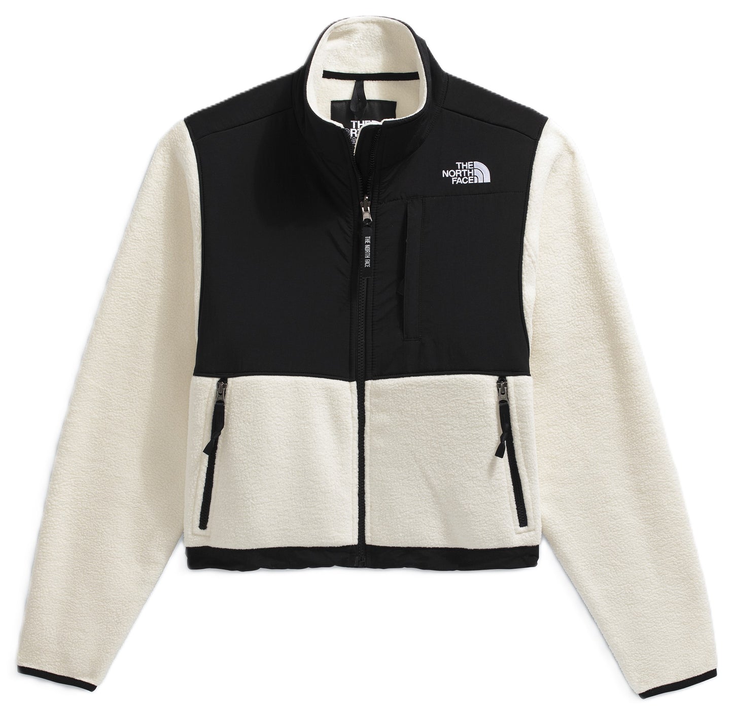 Cream-colored fleece jacket with black upper chest, collar, and shoulders; the logo is on the right.