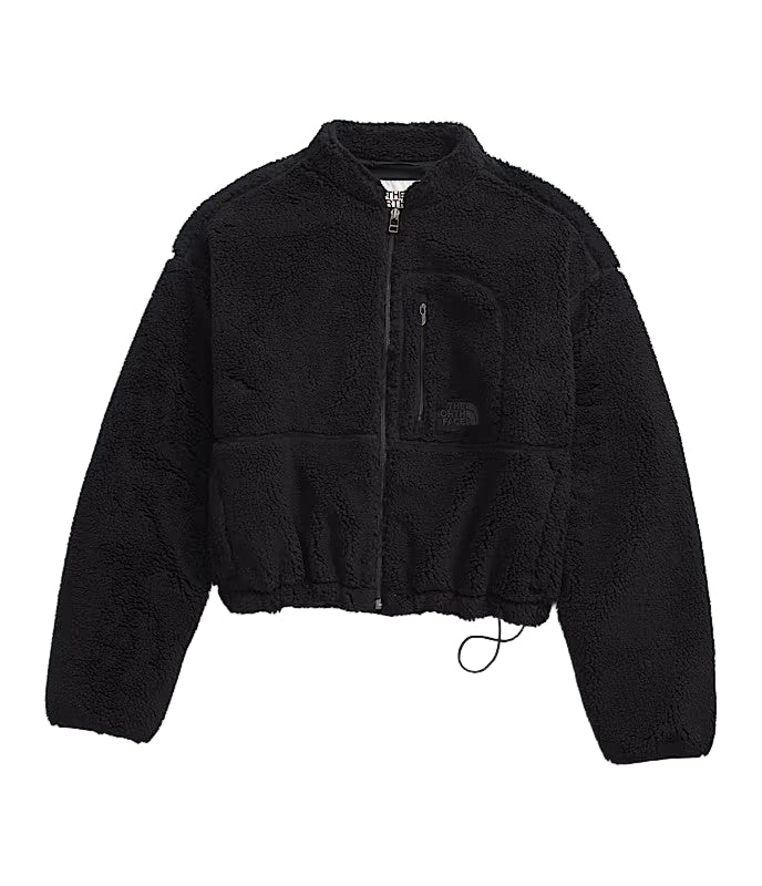 Black sherpa cropped jacket with a zipper and drawstring.
