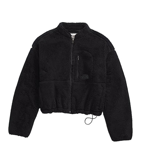 Black sherpa cropped jacket with a zipper and drawstring.