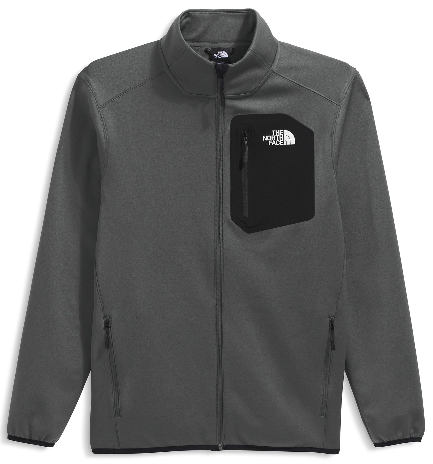 A gray zip-up softshell jacket featuring a black chest pocket with the brand logo and two zippered side pockets.