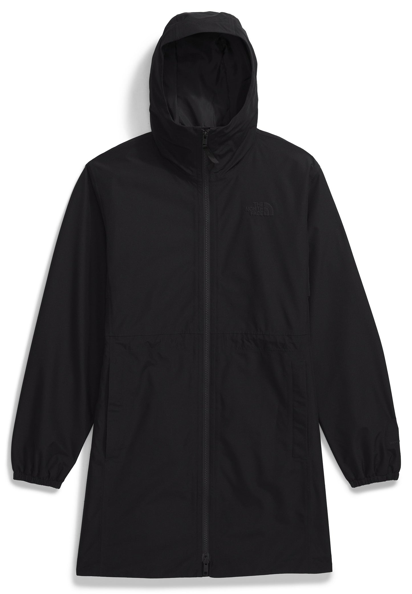 Long black hooded rain jacket with zip front.