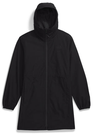 Long black hooded rain jacket with zip front.