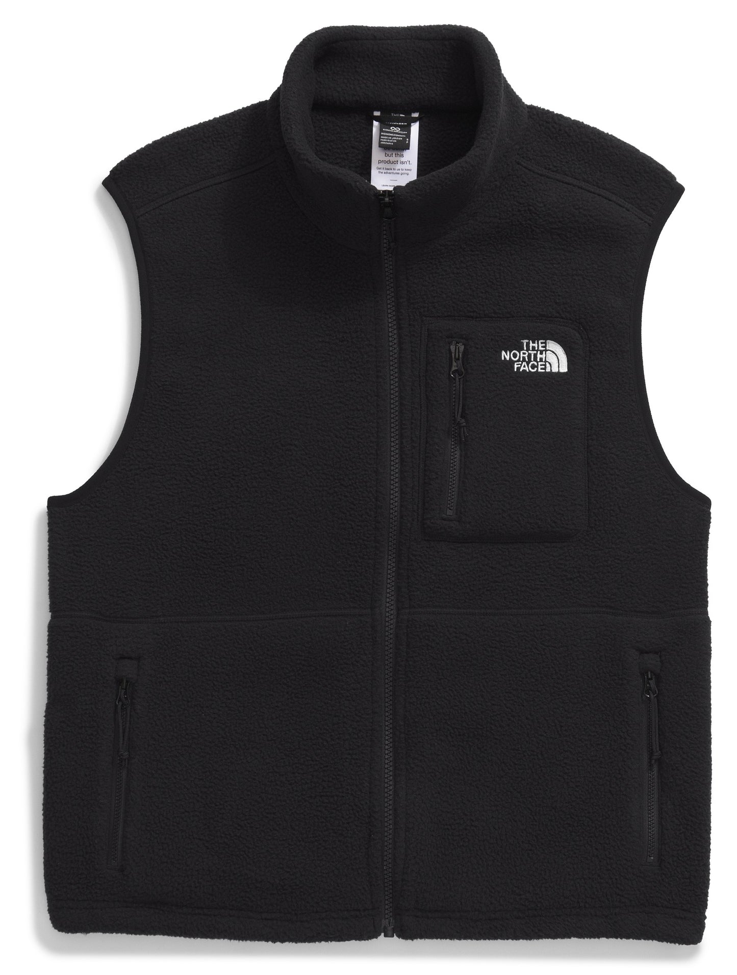 A black, sleeveless fleece vest with a high collar, full-length front zipper, two side zip pockets, and a smaller vertical zip chest pocket with the The North Face logo embroidered in white.