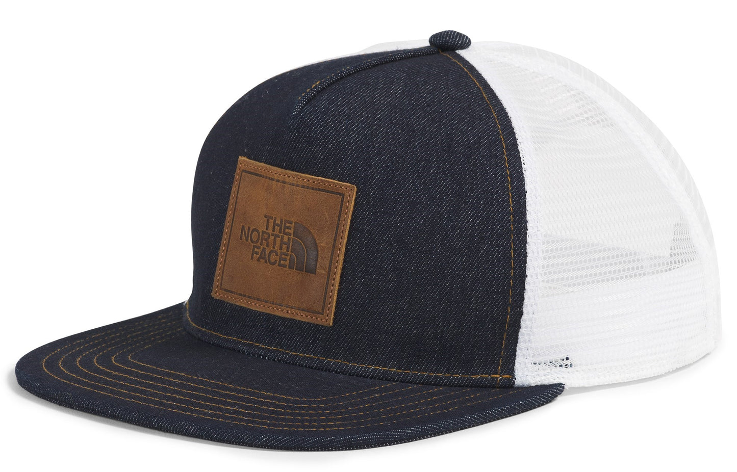 Denim and white mesh hat with a brown square logo patch.