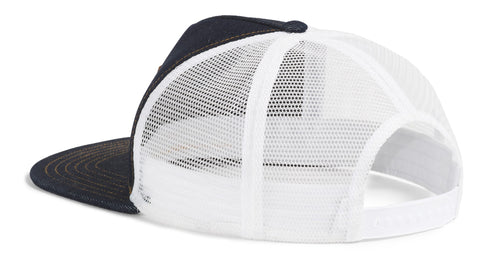 Back view of a black flat-billed cap with white mesh.