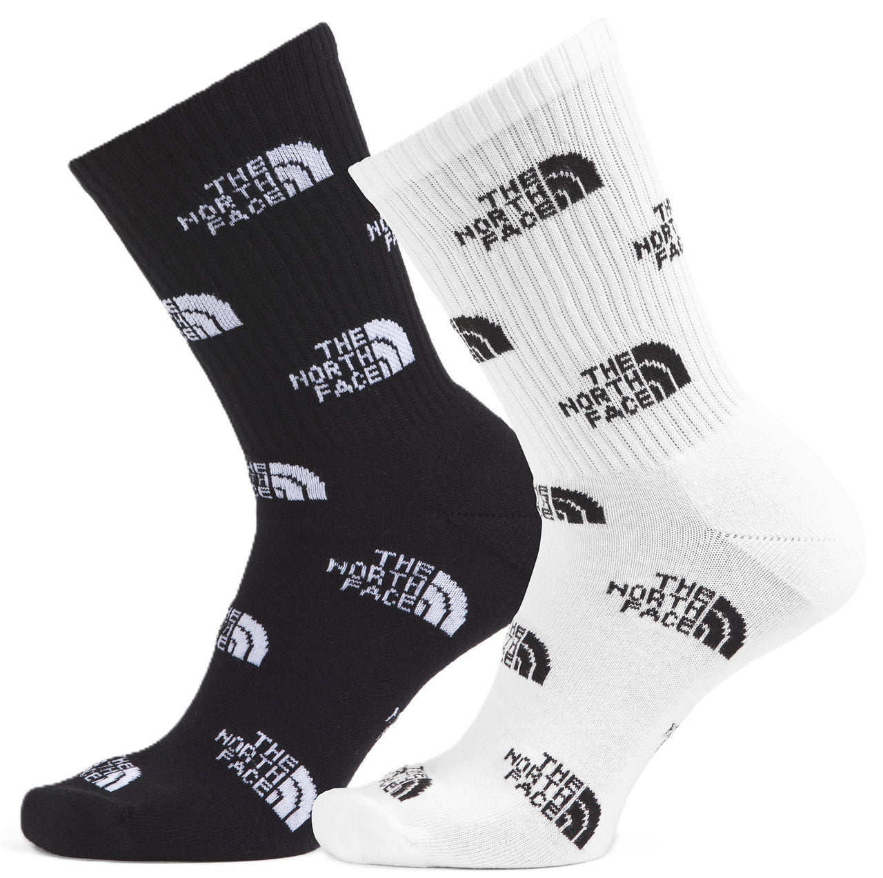 Pair of socks, one black and one white, each patterned with "THE NORTH FACE" text.