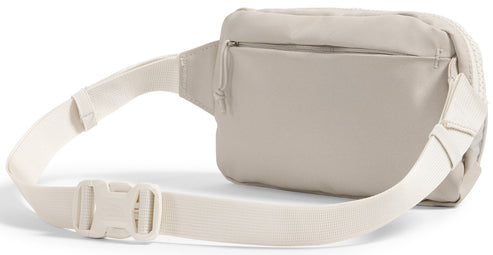 Beige belt bag with an adjustable white strap and plastic buckle.