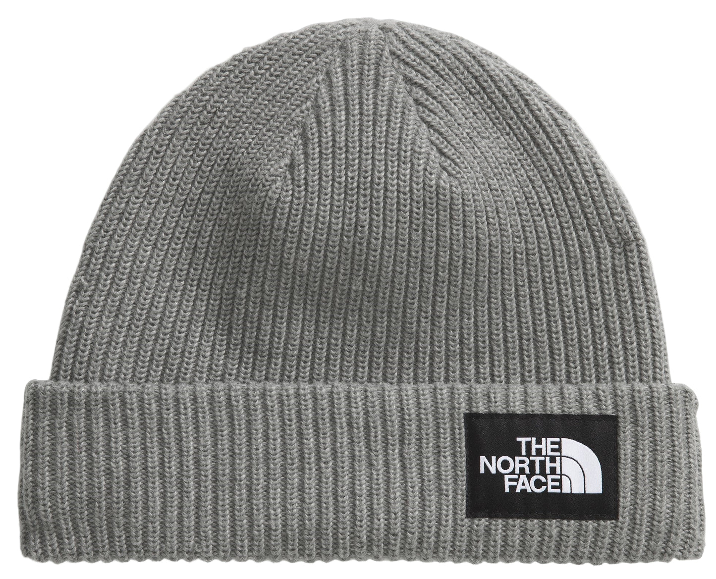Gray ribbed knit beanie with black square logo patch that says "THE NORTH FACE"