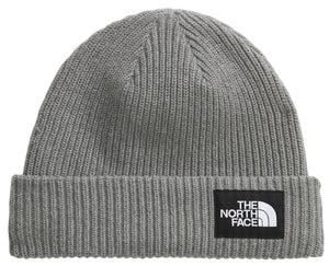 Gray ribbed knit beanie with black square logo patch that says "THE NORTH FACE"