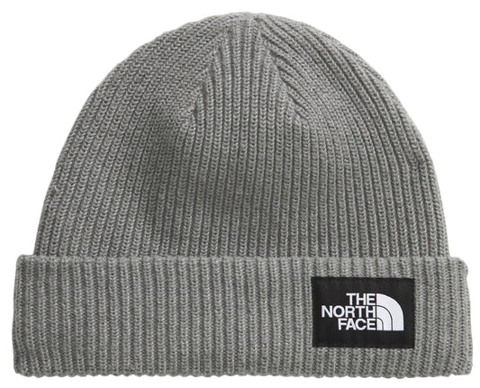 Gray ribbed knit beanie with black square logo patch that says "THE NORTH FACE"