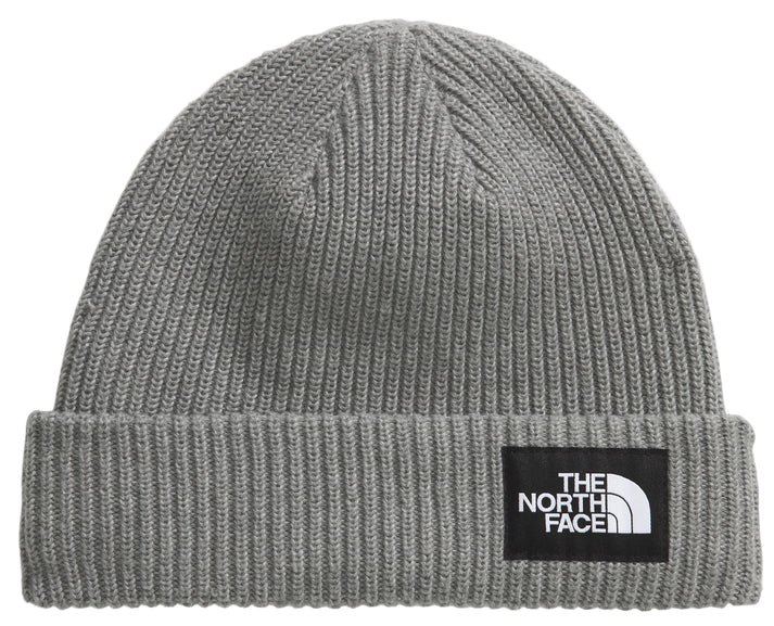 Gray ribbed knit beanie with black square logo patch that says "THE NORTH FACE"