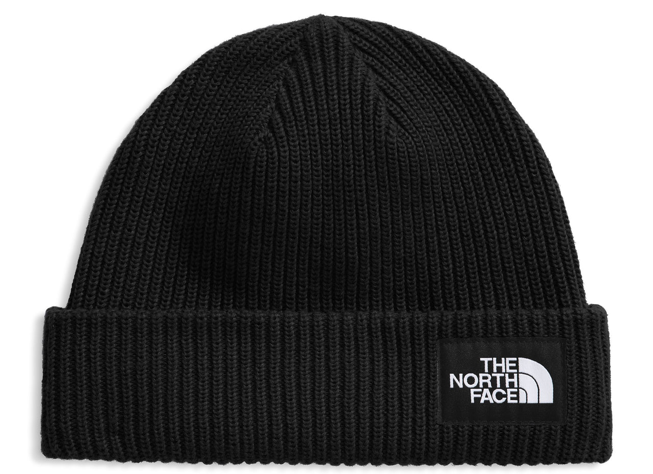 Black knit beanie with logo that says "THE NORTH FACE" in white.