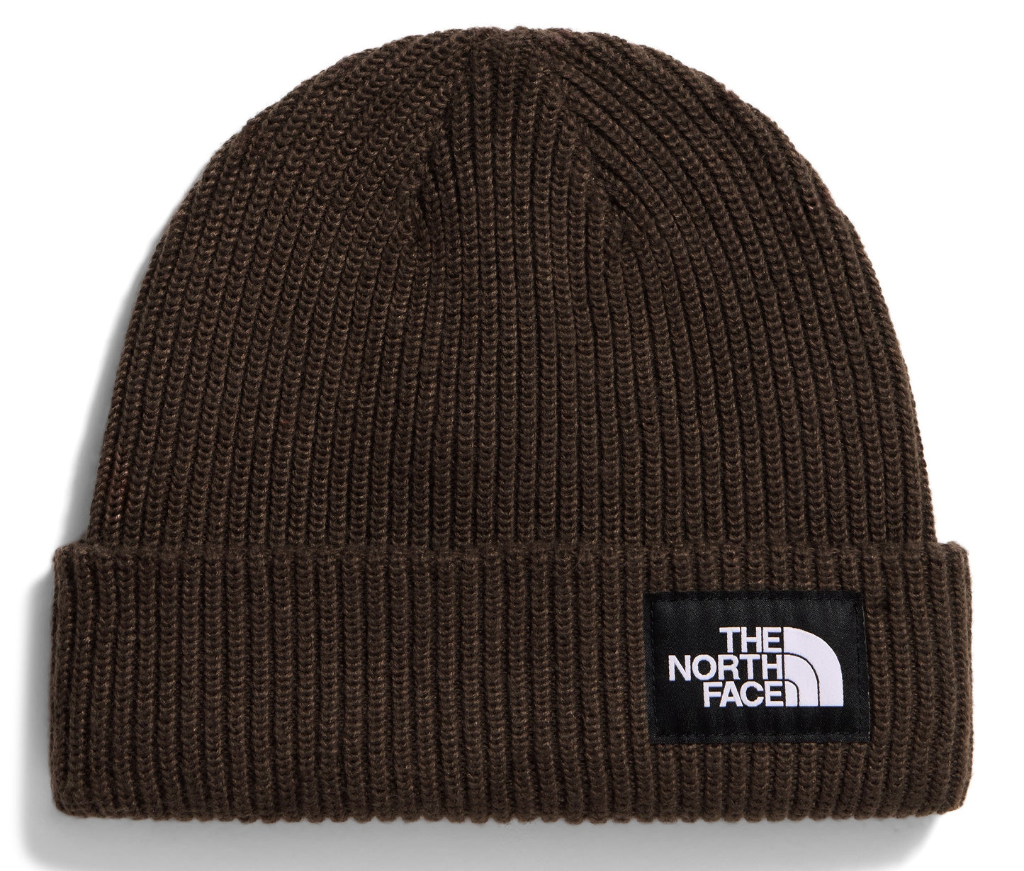 A dark olive green cuffed knit beanie with a square black fabric patch on the front featuring the white text "THE NORTH FACE" and its logo.