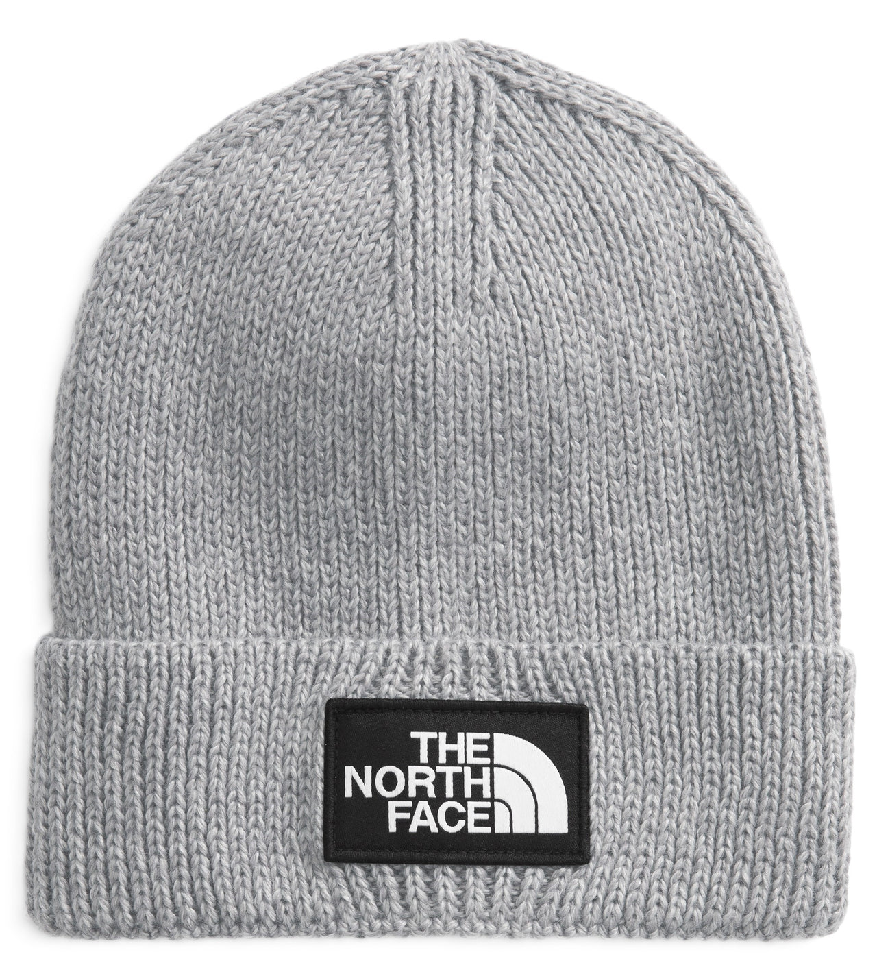 A light gray knit beanie with a black patch on the front that says THE NORTH FACE in white.