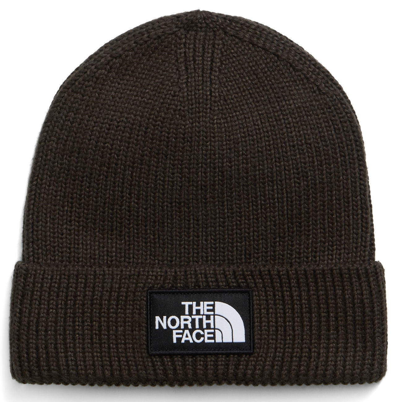 A dark olive green knit beanie with a folded cuff and a rectangular black patch on the front featuring the white text "THE NORTH FACE" and a logo symbol.