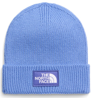 A light blue, cuffed, ribbed-knit winter beanie with a rectangular patch on the front that features the white text 'THE NORTH FACE' inside a purple background.