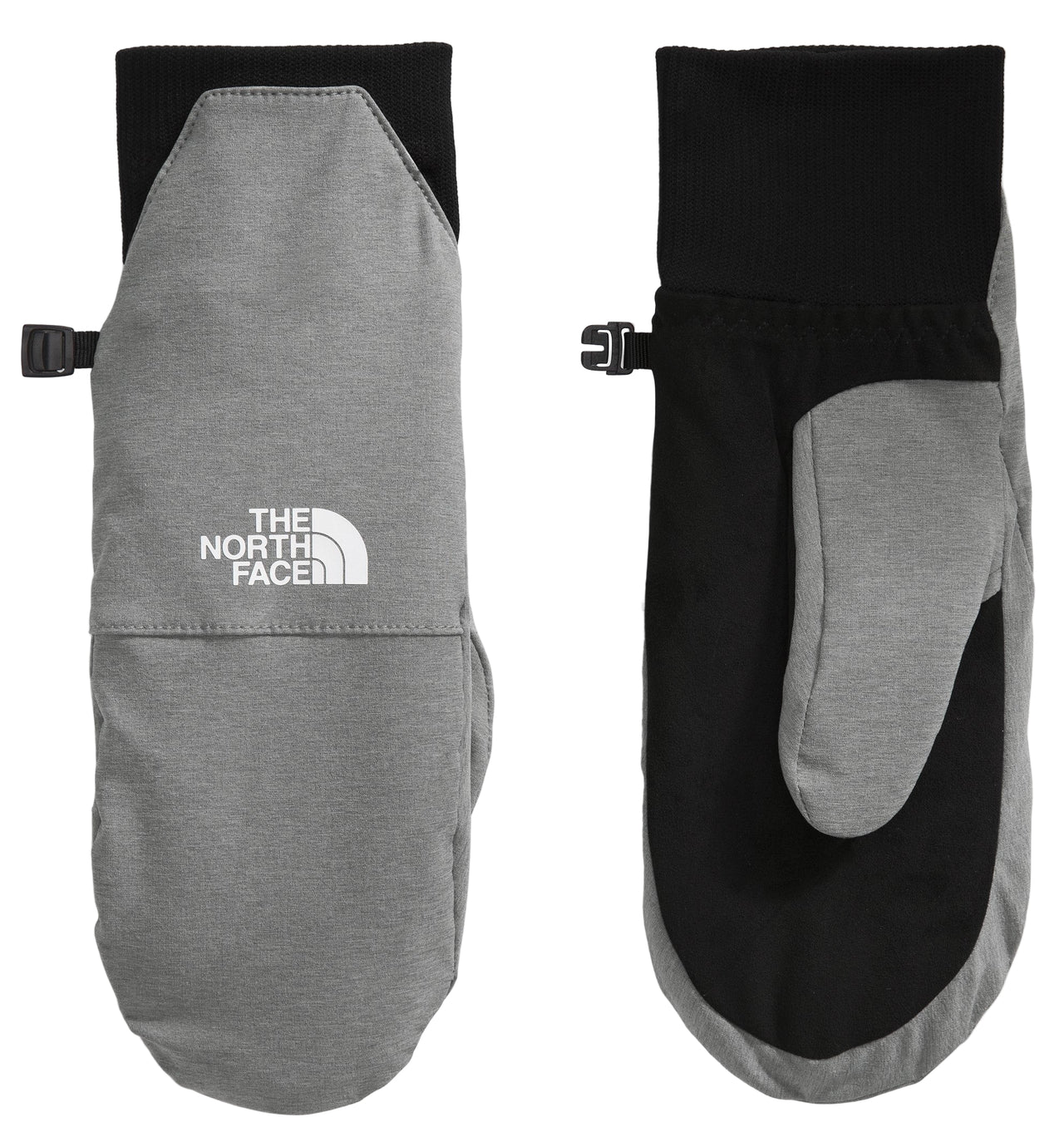 Pair of gray and black mittens with THE NORTH FACE logo.