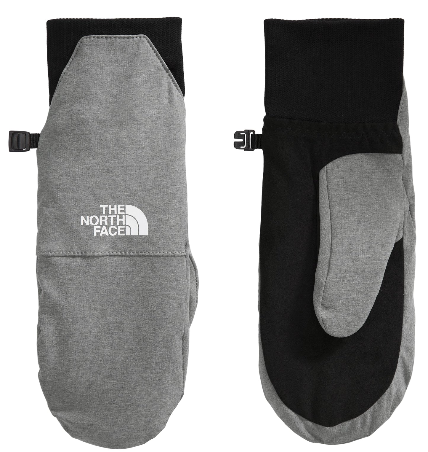 Pair of gray and black mittens with THE NORTH FACE logo.