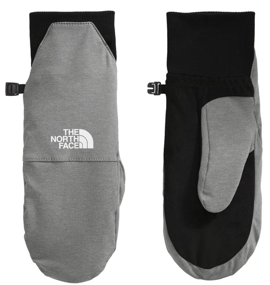 Pair of gray and black mittens with THE NORTH FACE logo.