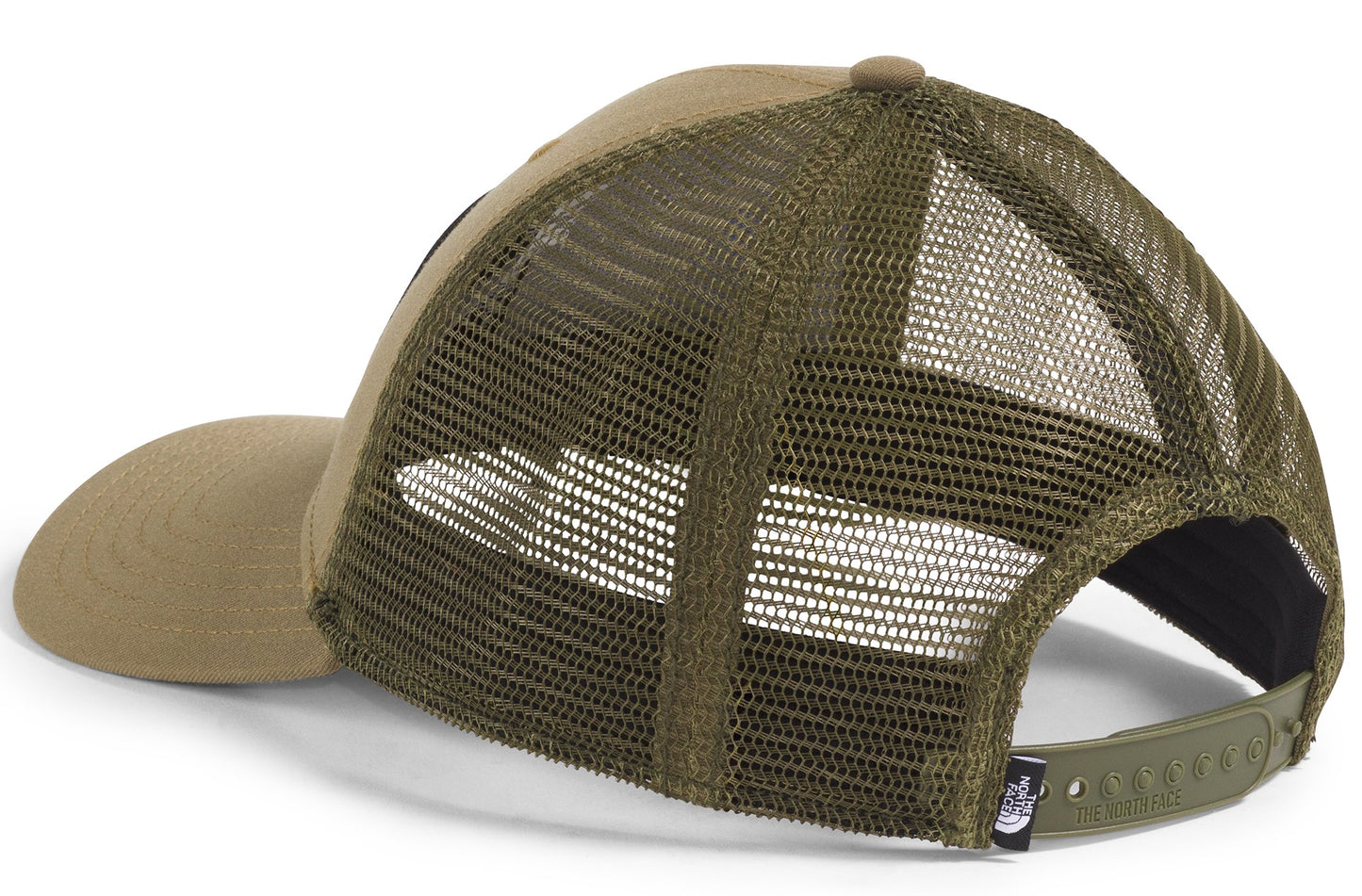 Khaki and olive green trucker-style hat with mesh backing.