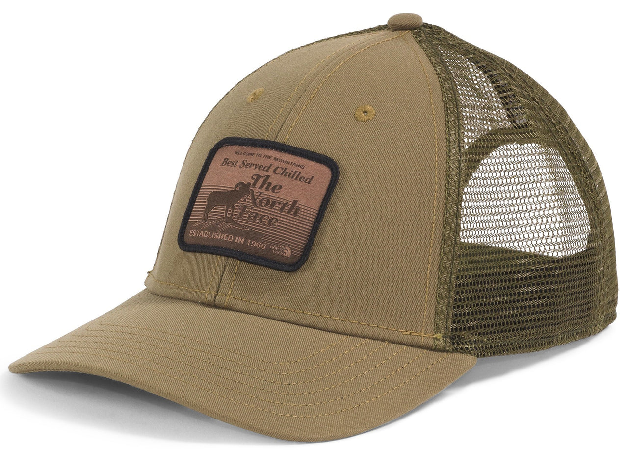 Khaki trucker hat with mesh back, a tan brim and front panel, and a brown patch with "Best Served Chilled THE North Face Established in 1966" printed on it.