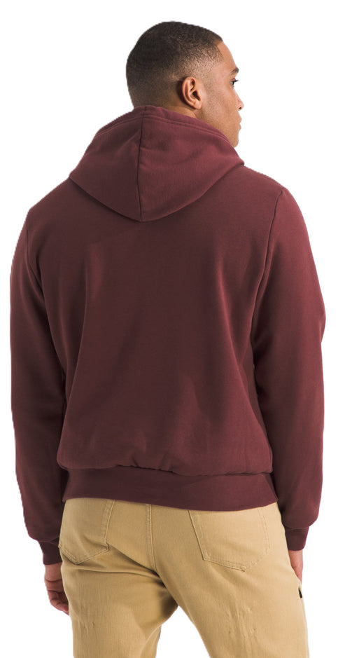 A person from the rear wearing a maroon hooded sweatshirt and tan pants.