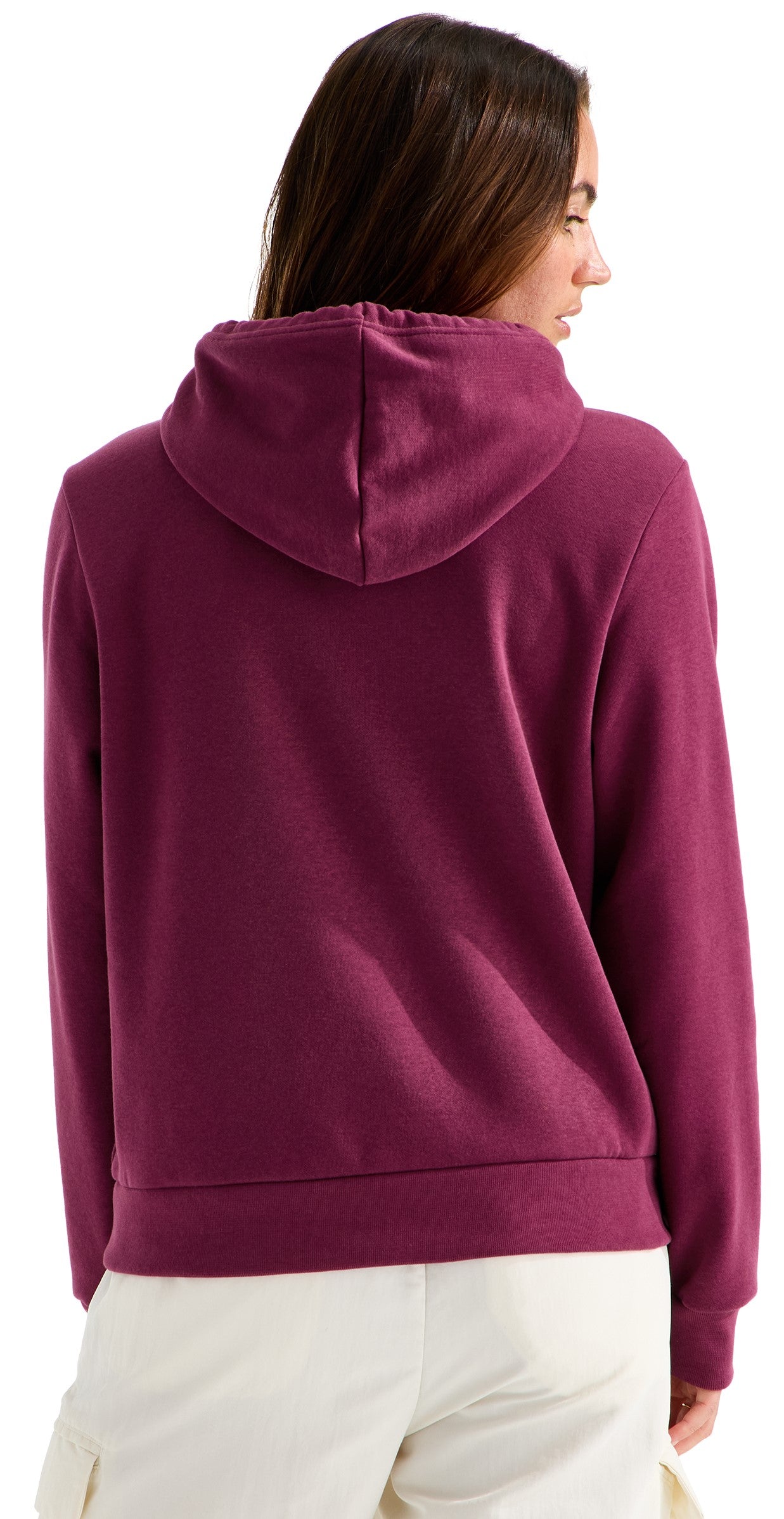 A back view of a woman wearing a solid, berry-colored long-sleeve hooded sweatshirt.
