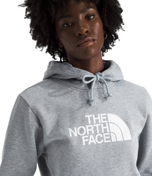 Heather gray hooded sweatshirt with white THE NORTH FACE logo on the chest, and a drawstring hood.
