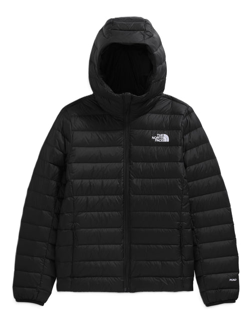 A black down jacket with a hood and a small logo on the upper-right chest.