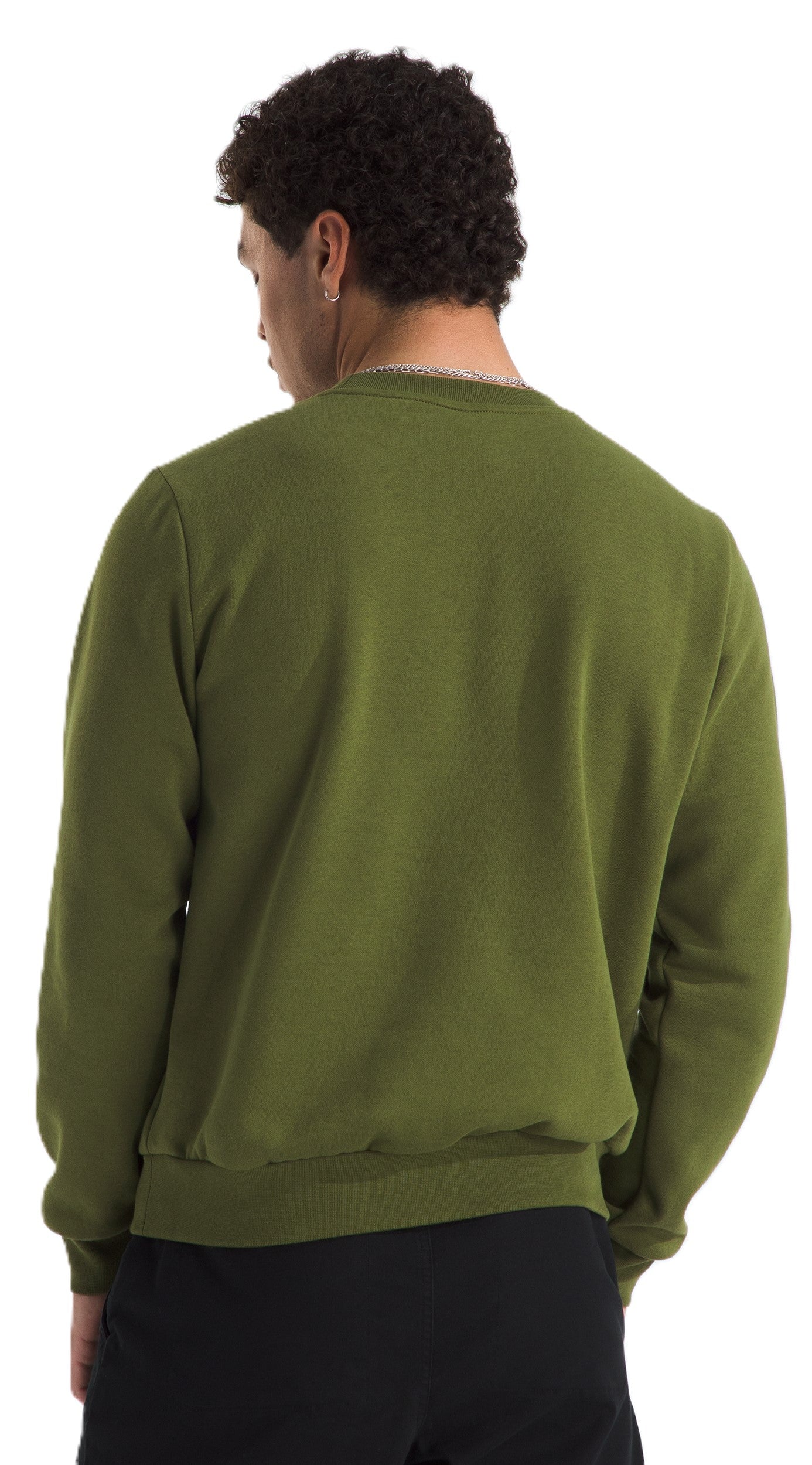 Back view of a man wearing a solid green crew neck sweatshirt.