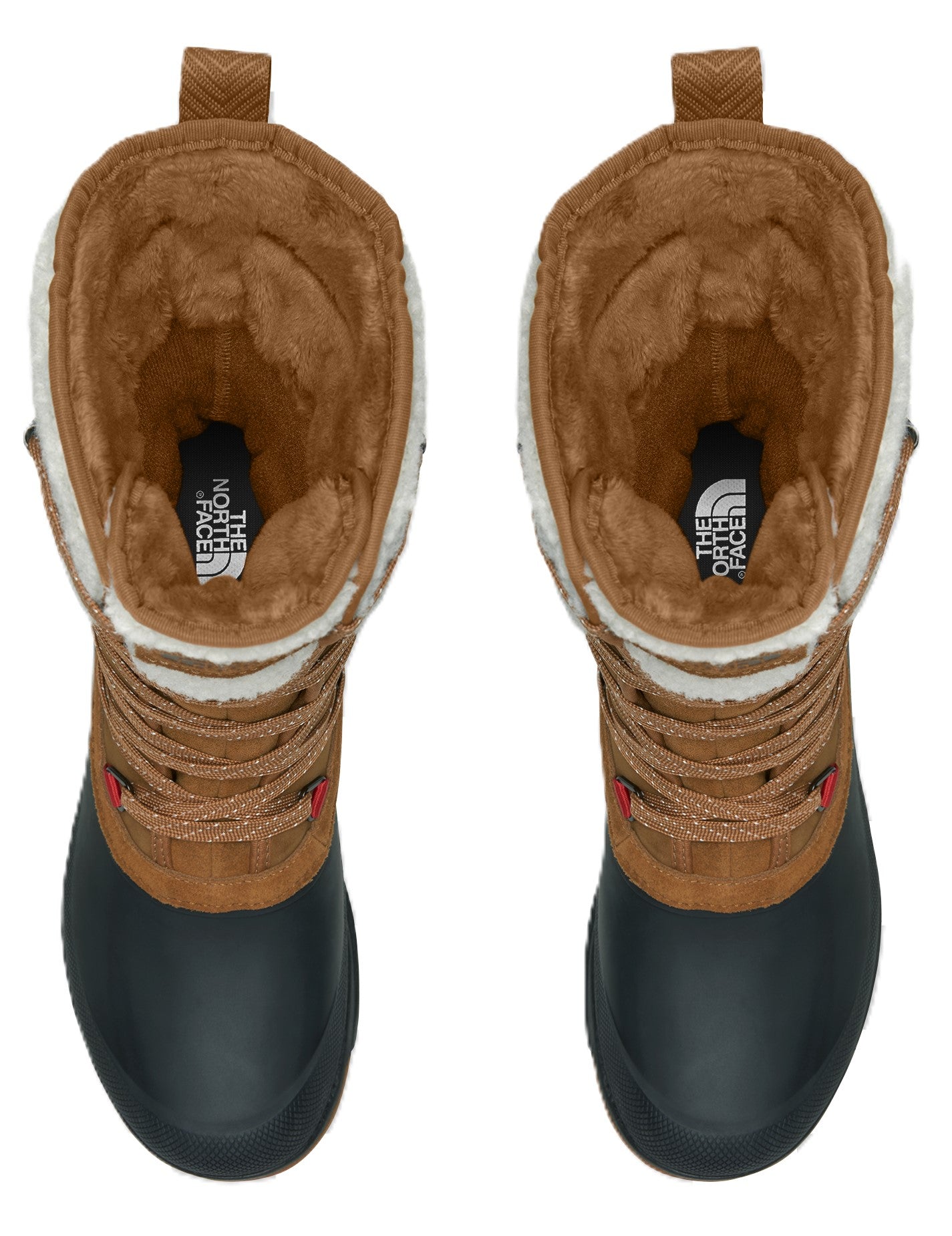 A top-down view of a pair of brown and black winter boots with fur-lined collars and The North Face branding inside.