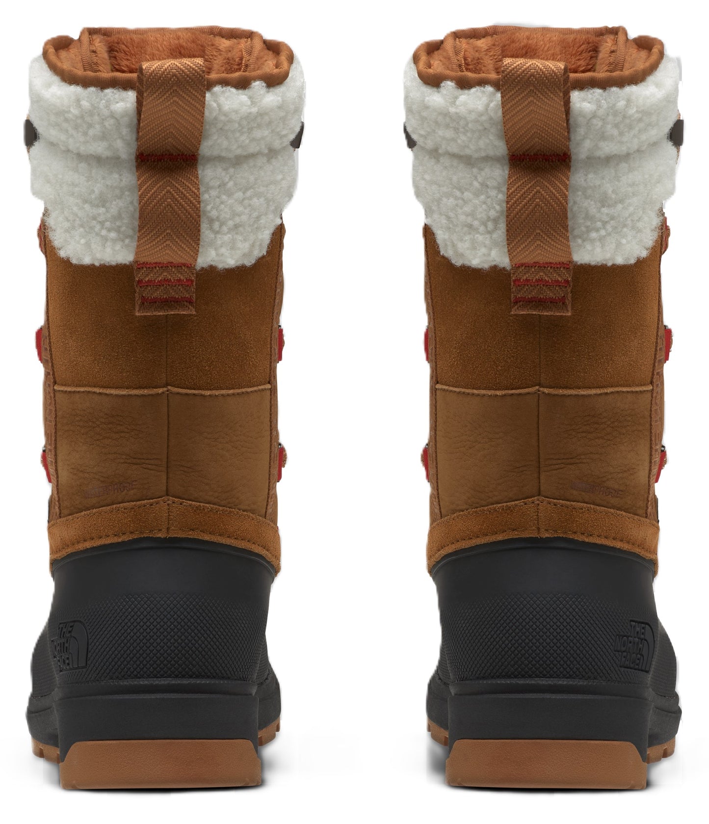 Rear view of a pair of tan and black winter boots with sherpa-lined cuffs, featuring textured black rubber lower shells and vertical pull tabs on the back.