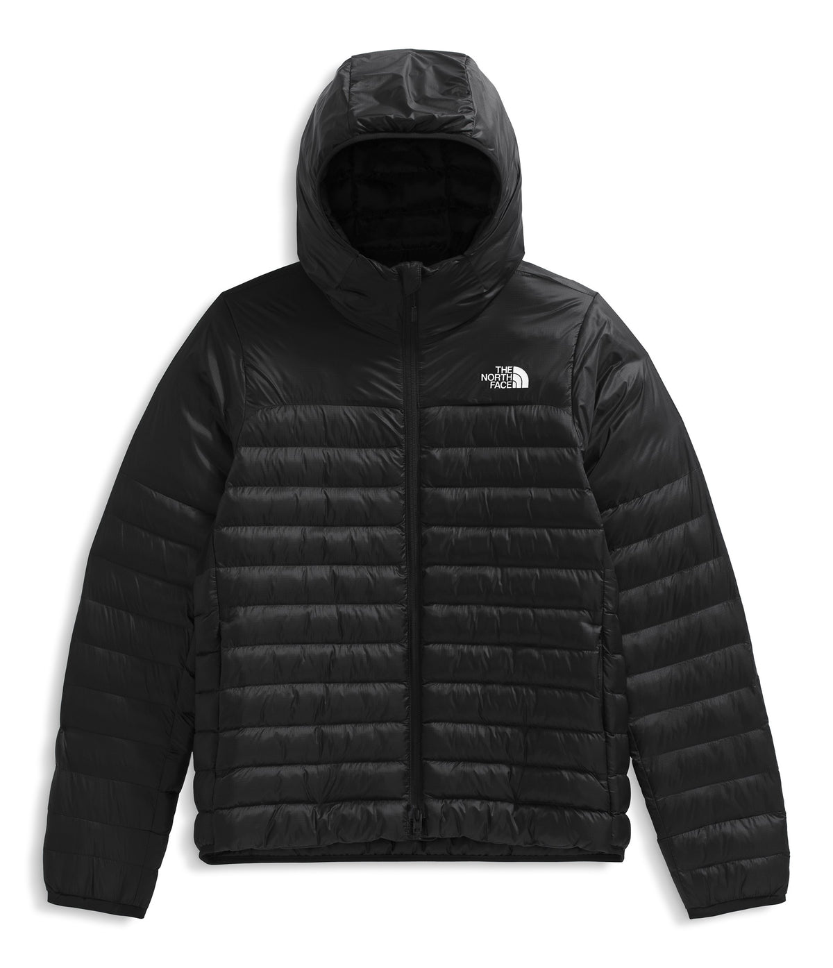 Black quilted hooded jacket with a white logo on the chest.