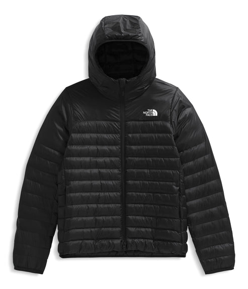Black quilted hooded jacket with a white logo on the chest.