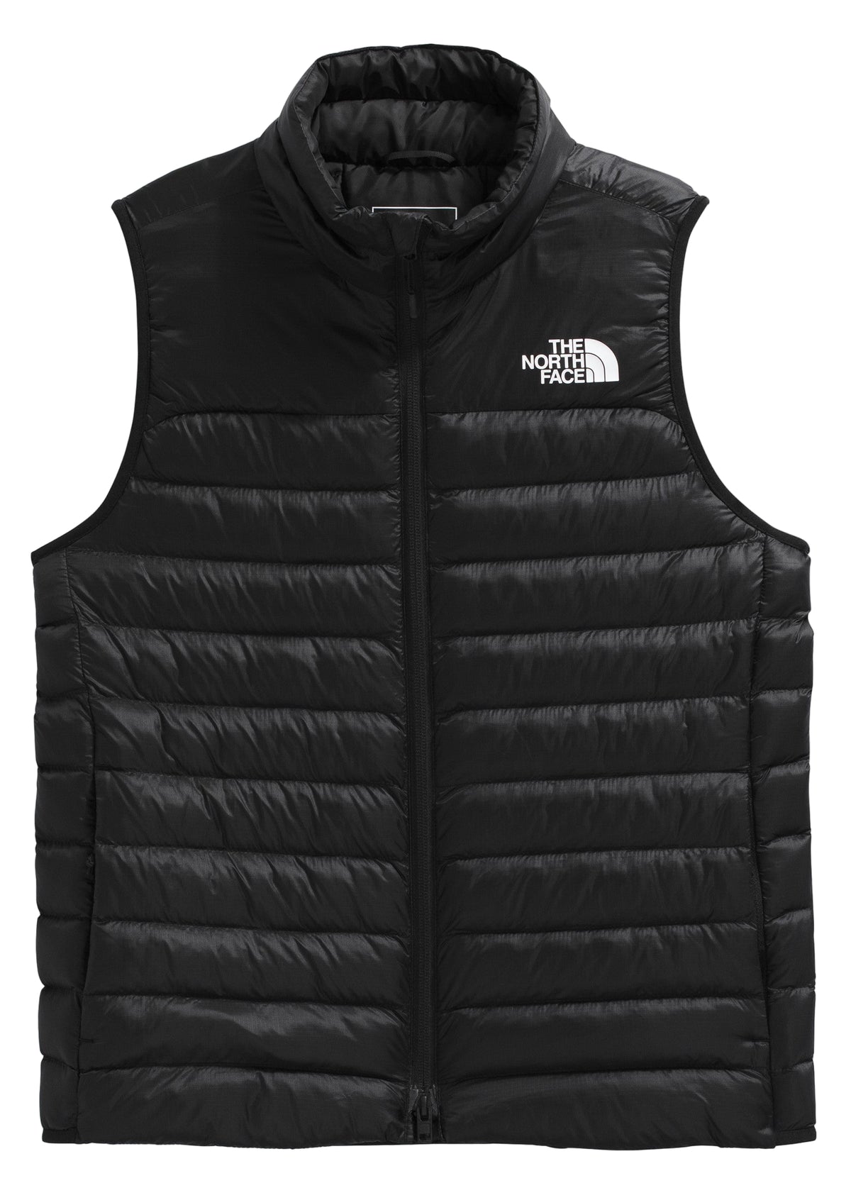 Black puffy vest with a full zipper and white text on the right chest.