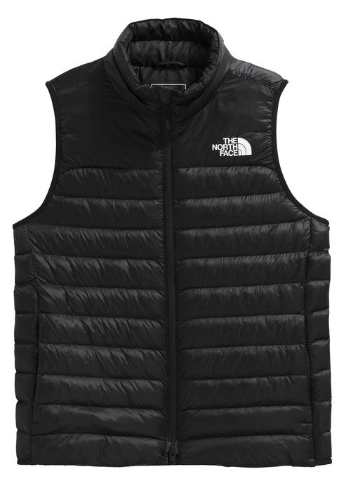 Black puffy vest with a full zipper and white text on the right chest.