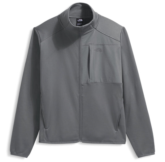 A long sleeve, gray, zip-up jacket with a chest pocket and stand up collar.