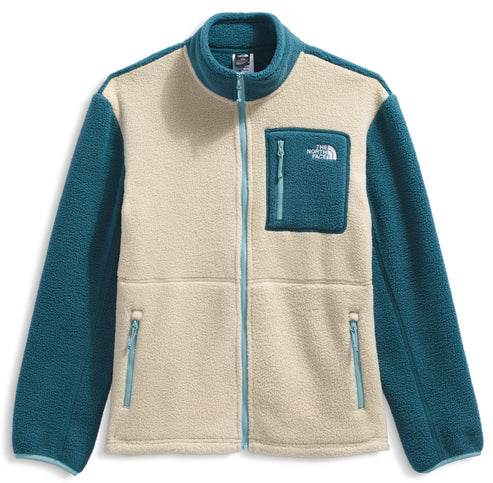 Cream and teal color blocked fleece jacket with zippered pockets.