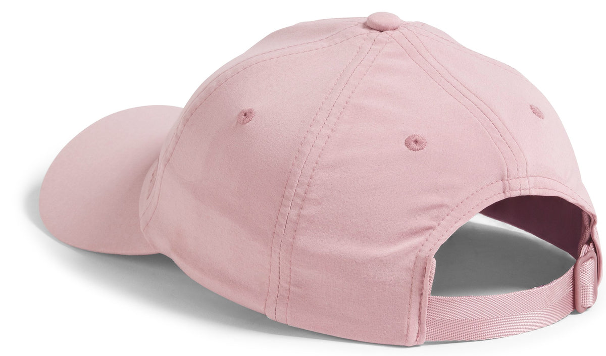 Back view of a pink baseball cap with an adjustable strap.