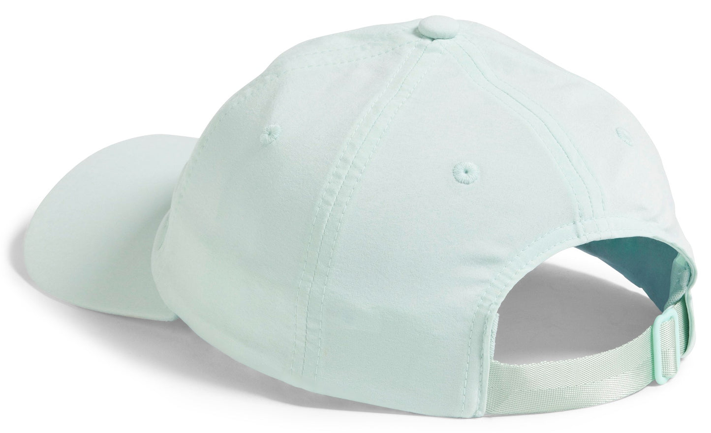 Back view of light blue baseball cap with adjustable strap.