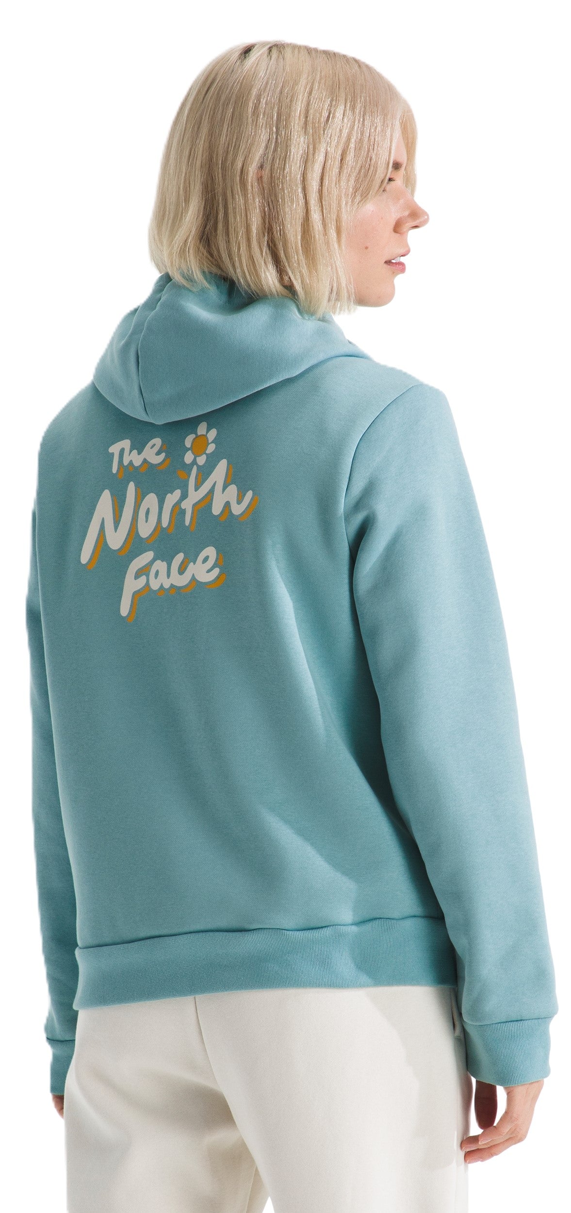 Person wearing a teal hoodie with "The North Face" written on the back.
