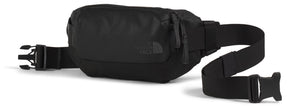 A black fanny pack with an adjustable black strap and black buckles.