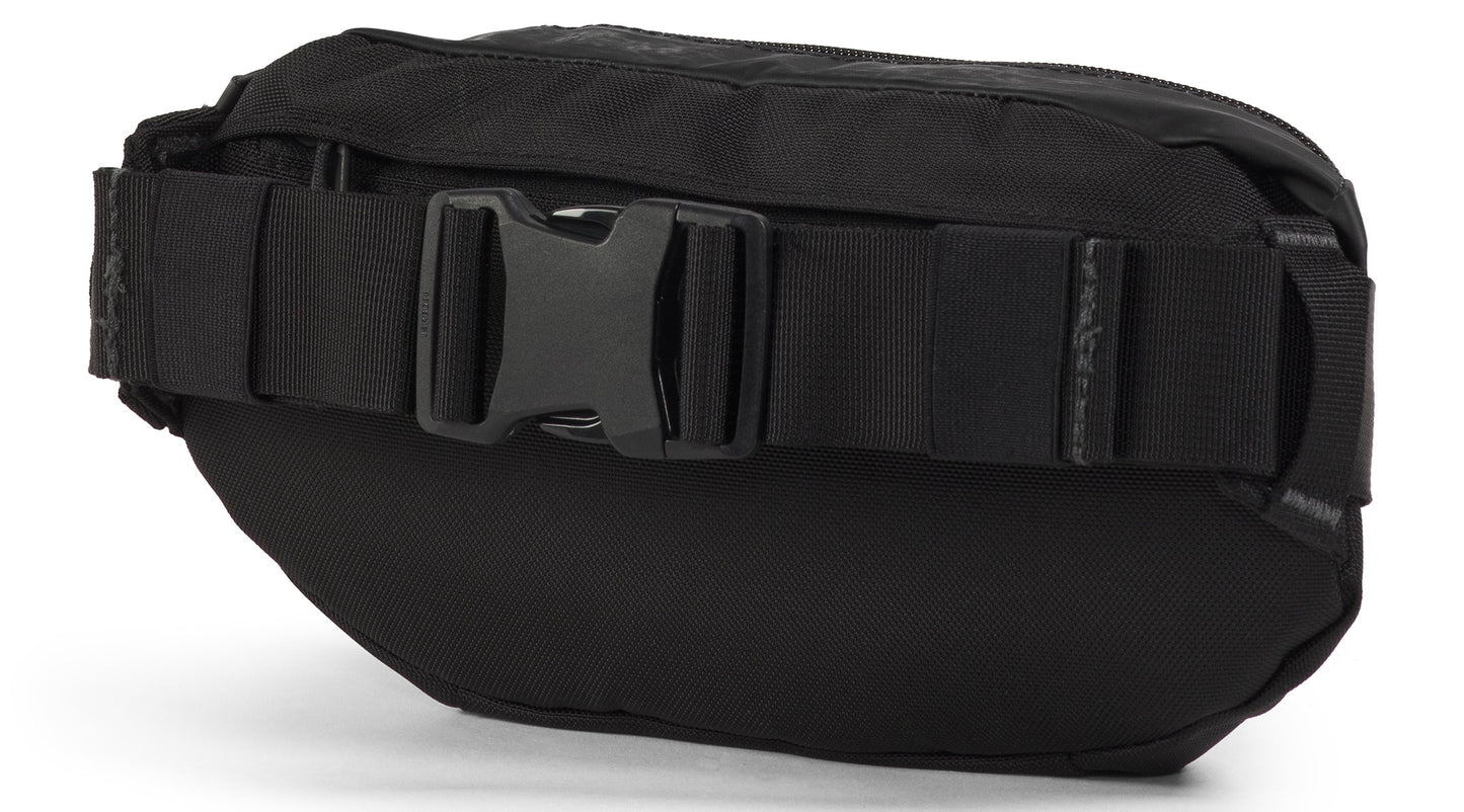 Black waist bag with adjustable strap and buckle closure.