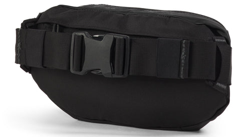 Black waist bag with adjustable strap and buckle closure.